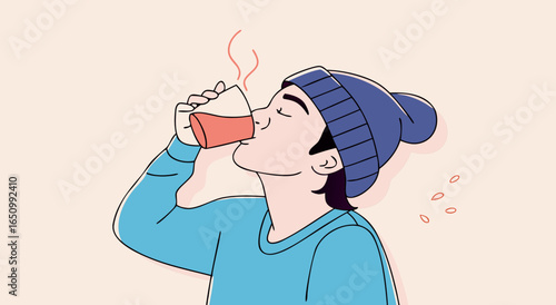 Person enjoying a hot beverage in a cozy winter hat and blue sweater