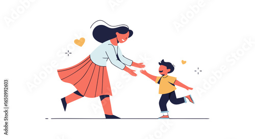 A mother happily embraces her son as he runs towards her with outstretched arms