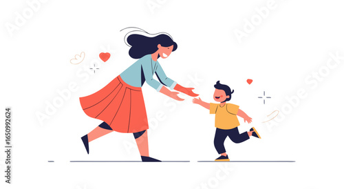 A mother happily embraces her son as he runs towards her with outstretched arms