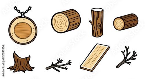 Collection of forest woodland timber lumber and natural wood elements for design projects