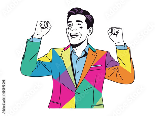 Colorful Suit Celebration: A cheerful figure, radiating jubilation, is depicted in a vibrant suit, symbolizing a moment of pure elation and triumphant victory.