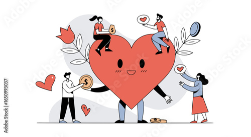 People help donate money and support a big heart illustration for charity and compassion