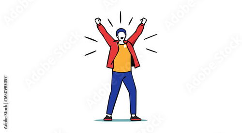Excited person celebrating with arms raised high demonstrating joyful victory achievement success