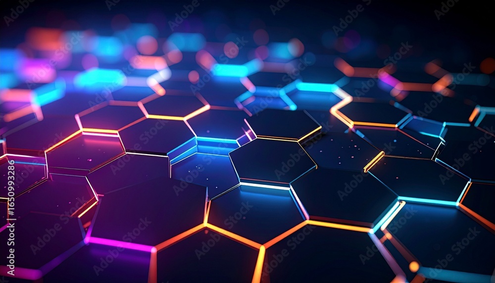 Obraz premium Glowing hexagonal network pattern on dark background with blue, orange, and purple lines.