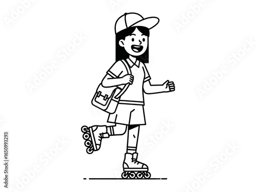 Girl Rollerblading: A line-drawn illustration of a smiling girl gracefully gliding on roller skates, radiating youthful energy and the thrill of outdoor fun.