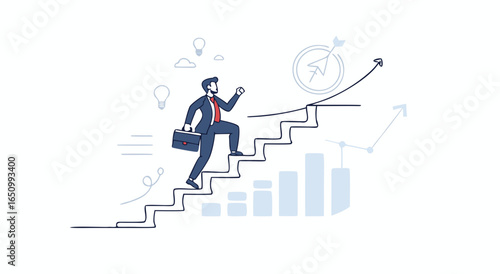Successful businessman climbs stairs toward growth and achievement with innovative ideas illuminating the path forward