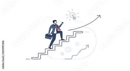 Successful businessman climbs stairs toward growth and achievement with innovative ideas illuminating the path forward