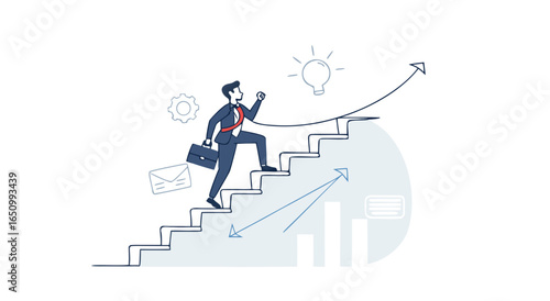 Successful businessman climbs stairs toward growth and achievement with innovative ideas illuminating the path forward