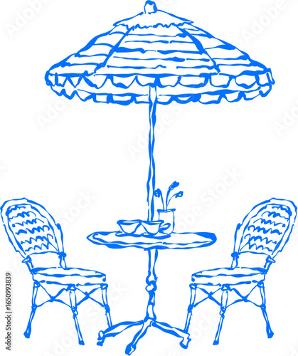 Table with teapot, cup, and  two chairs 