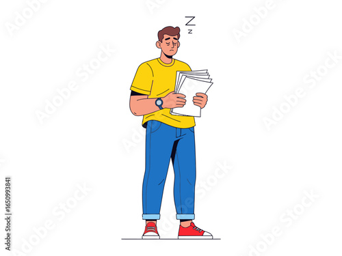 Tired Office Worker: A male office worker, clad in casual attire, stands with his eyes closed. He is holding a stack of papers, with a Z symbol hovering above his head.