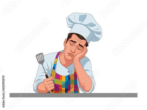 Tired Chef: The weariness is palpable as a chef, clad in a pristine uniform and toque blanche, takes a moment's rest, resting their head on their hand. A spatula lies forgotten in a moment of pause. 