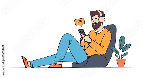 Modern man relaxing on beanbag chair listening to music and using mobile phone illustration