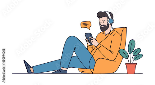 Modern man relaxing on beanbag chair listening to music and using mobile phone illustration