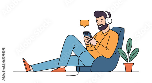 Modern man relaxing on beanbag chair listening to music and using mobile phone illustration