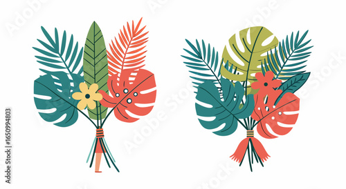Tropical floral arrangements with large green leaves and bright colorful blooms