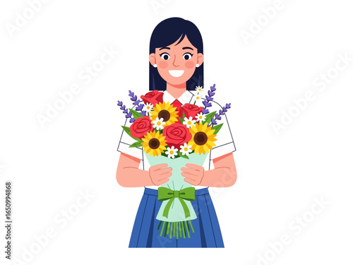 Fresh Bouquet's Beauty: A smiling woman tenderly holds a colorful bouquet of vibrant flowers, a visual ode to joy, beauty, and appreciation.