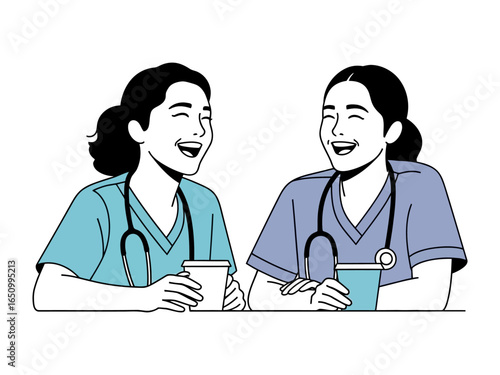 Joyful Nurses: A heartwarming scene of two healthcare professionals sharing a light moment, their genuine laughter echoing in a sketch-like illustration.