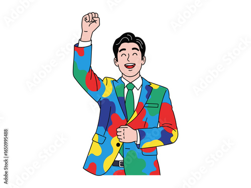 Vibrant Celebration: A stylishly dressed individual radiates confidence and elation, showcasing a dynamic vector-style illustration of accomplishment. 