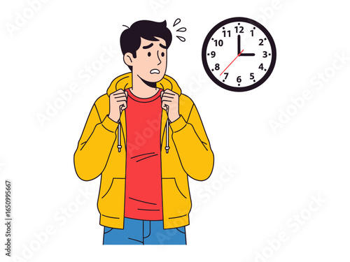 Time Anxieties: A distressed individual is caught in a moment of anxiety, gazing at the unwavering clock hand. The visual narrative encapsulates the feelings of stress, pressure.