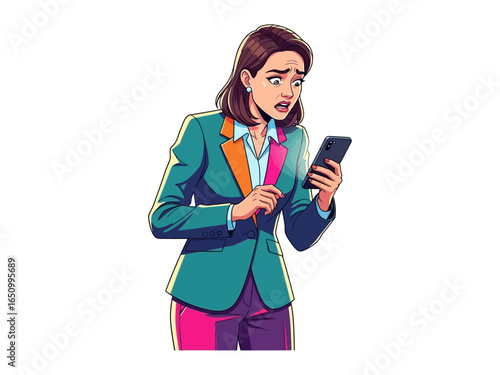Shocked and Concerned: A woman is startled by something on her smartphone screen, conveying a look of shock, concern, or dismay with digital illustration.