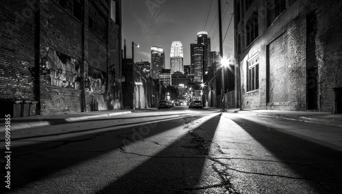 Urban alleyway at night, with city skyline in the distance