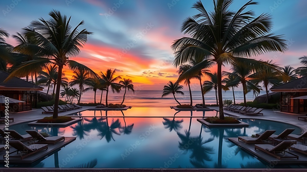 Fototapeta premium A tropical resort poolside with empty loungers and sunset reflections, creating a romantic escape.