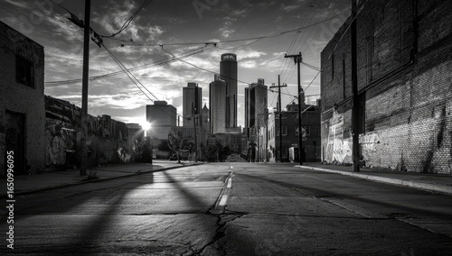 Urban alleyway at dawn, long shadows