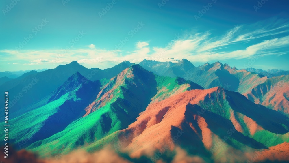 Obraz premium Colorful mountain range with vibrant green and reddish-brown peaks under a blue sky.