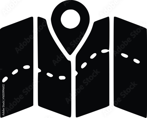 A black and white map icon with a location pin and dotted route.