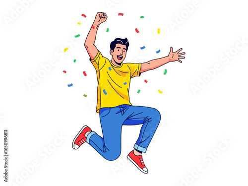 Joyful Leap: A vibrant illustration showcases a figure leaping with unbound elation amidst a cascade of confetti, a celebration of pure, unadulterated joy.