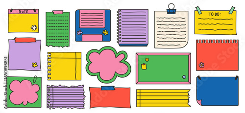 Set of groovy stationery elements including notebooks, sticky notes, memo pages, and planner sheets. Perfect for journaling, scrapbooking, organization, school projects, and creative layouts.
