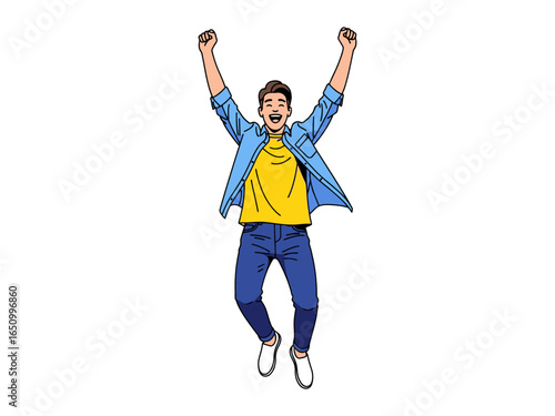 Joyful Leap: A male individual, rendered in illustration, embodies unbridled joy, with arms outstretched in a moment of exuberance. 