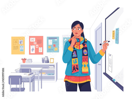 Smart Classroom Instructor: A dedicated instructor thoughtfully composes lessons on a whiteboard, enriching the classroom learning environment with insightful content.