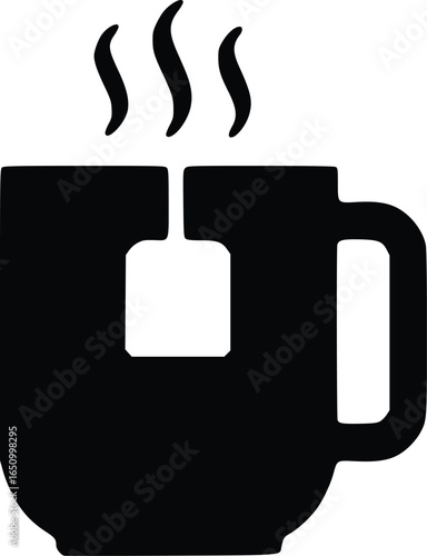 Black silhouette of a steaming mug with a teabag inside.