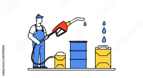 Fueling station attendant fills up jerrycans and barrels with gasoline dispenser