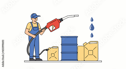 Fueling station attendant fills up jerrycans and barrels with gasoline dispenser