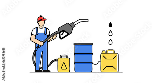 Fueling station attendant fills up jerrycans and barrels with gasoline dispenser