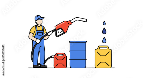 Fueling station attendant fills up jerrycans and barrels with gasoline dispenser