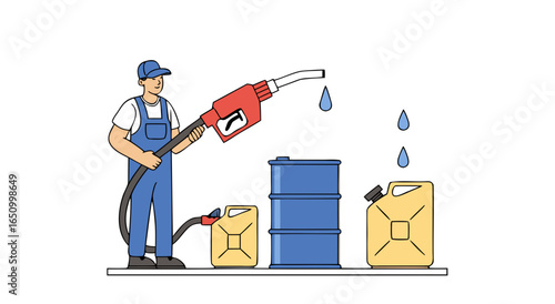 Fueling station attendant fills up jerrycans and barrels with gasoline dispenser