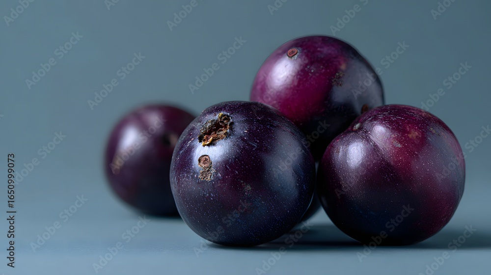 Obraz premium Four dark purple acai berries piled on a blue surface purple berries dark fruit