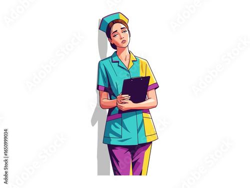Exhausted Nurse in Medical Attire: A poignant illustration of a healthcare worker leans against a stark backdrop, epitomizing fatigue and dedication in her duty.