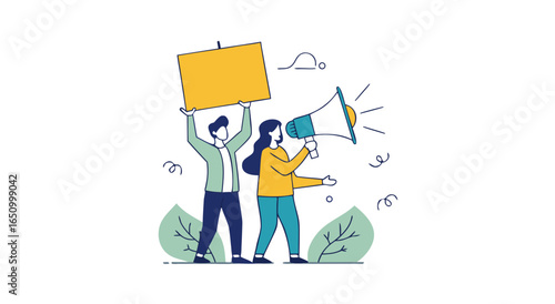Protesters rally with signs and megaphone advocating for social change and public awareness