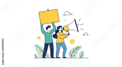 Protesters rally with signs and megaphone advocating for social change and public awareness