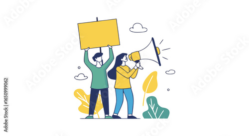 Protesters rally with signs and megaphone advocating for social change and public awareness