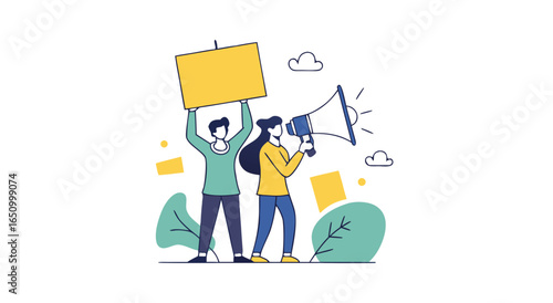 Protesters rally with signs and megaphone advocating for social change and public awareness
