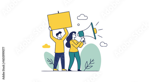 Protesters rally with signs and megaphone advocating for social change and public awareness