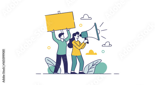 Protesters rally with signs and megaphone advocating for social change and public awareness