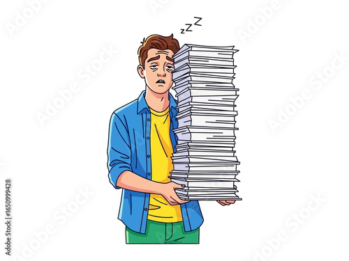 Overwhelmed by the Workload: A relatable illustration portrays a person struggling under the weight of excessive paperwork, showcasing the stress of a demanding workload.