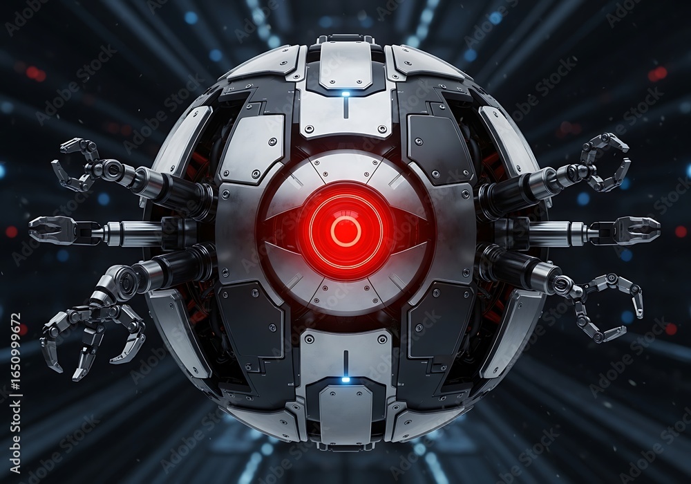 Fototapeta premium Futuristic Spherical Robot with Articulated Arms, Glowing Red Eye, Dark Sci-Fi Background.