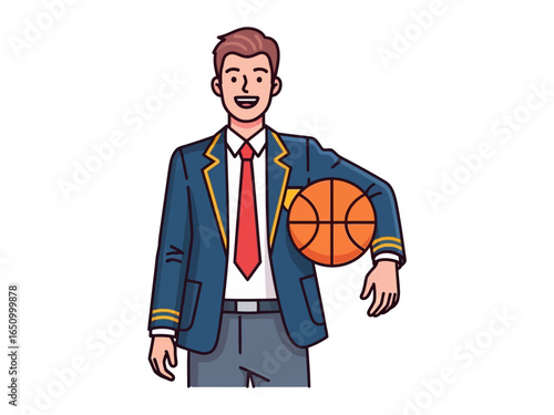 Smart Young Basketball Player: A poised young student, brimming with confidence, stands tall, clutching a vibrant orange basketball, poised for action, ready to engage and conquer the game.